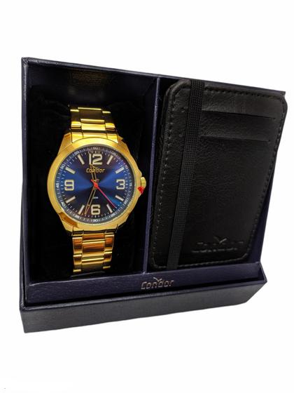 Imagem de Relógio masculino condor dourado e azul kit com porta cartão inox caixa presenteavel