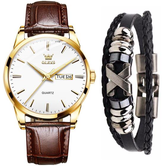 Imagem de Relógio Masculino De Luxo Dourado Olevs Casual + Pulseira