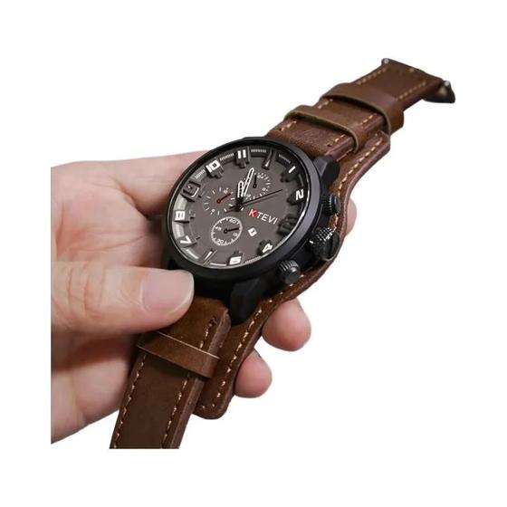 Relógio Masculino de Quartzo com Pulseira de Couro - Design Retrô e Mostrador Grande Menor preço em Relógio Masculino de Quartzo com Pulseira de Couro - Design Retrô e Mostrador Grande
