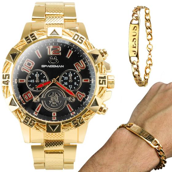 Imagem de Relógio Masculino Dourado Aço Inox Grande Fundo Preto + Pulseira Banhado Qualidade