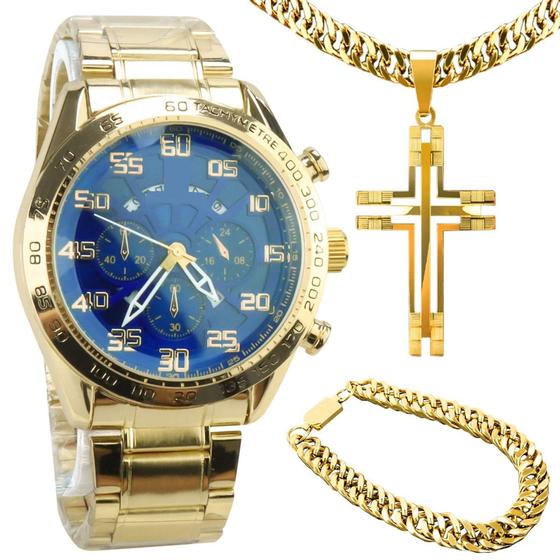 Imagem de Relógio Masculino Dourado Azul Prova Dágua Com Pulseira Corrente Masculina