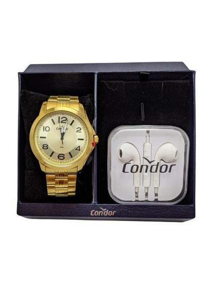 Imagem de Relógio Masculino Dourado Condor Kit Com Fone Inox Social