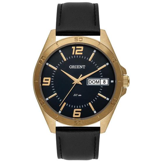 Imagem de .Relógio Masculino Dourado Orient Pulseira Couro Preto Data