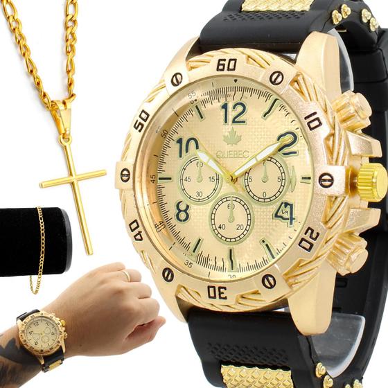 Imagem de Relógio Masculino Dourado Original QUEBEC + Corrente e Pulseira Top