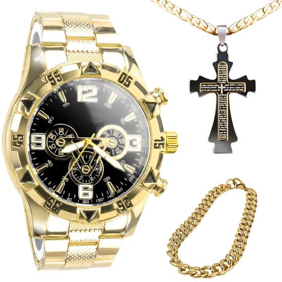 Imagem de Relogio masculino dourado + pulseira + corrente cruz grumet casual qualidade premium preto social