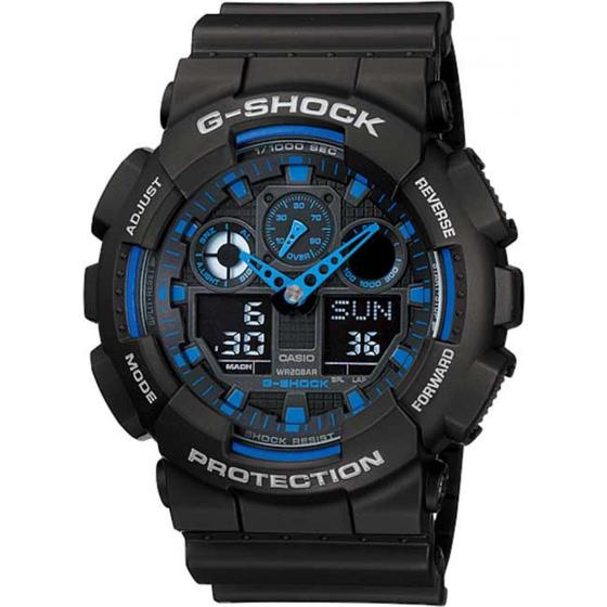 Imagem de Relógio Masculino G-Shock Fundo Preto Com Azul A Prova D'Água Anadigi GA-100-1A2DR Garantia de Um ano
