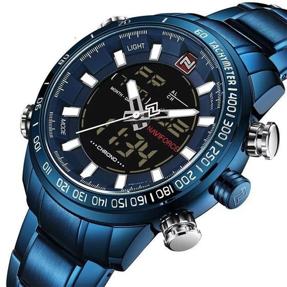 Imagem de Relógio masculino naviforce 9093 azul digital e analógico anadigi multifunção inox esportivo