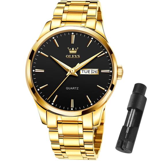Relógio Masculino OLEVS Dourado - Aço Inoxidável, Impermeável 3ATM e Luminoso Imagem de Relógio Masculino OLEVS Dourado - Aço Inoxidável, Impermeável 3ATM e Luminoso