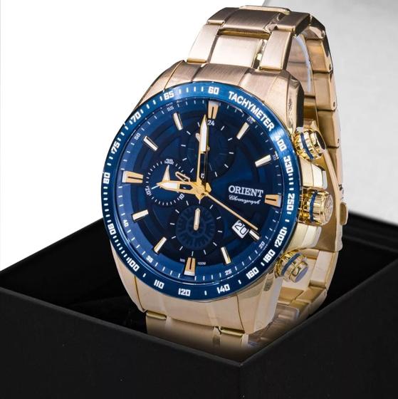 Imagem de Relógio Masculino Orient Dourado Cronógrafo Original Azul Nf 