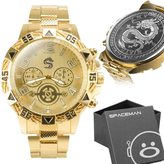 Imagem de Relogio masculino original aço inox grande dourado + caixa original analogico casual edição limitada social dragão