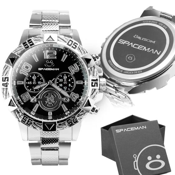 Imagem de relogio masculino prata grande original aço inox social + caixa preto social presente analogico casual original