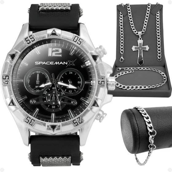 Imagem de Relogio masculino prateado + pulseira original social crucifixo qualidade premium inoxidável casual