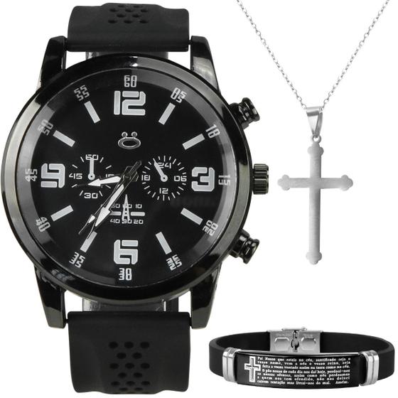 Imagem de relogio masculino preto aço + pulseira + colar crucifixo ponteiro robusto prata religioso pesado original social ajustavel black piano