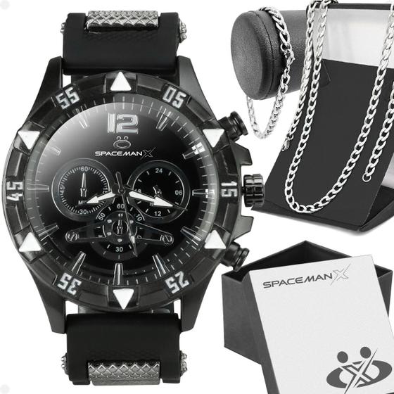 Imagem de relogio masculino preto + cordão prata grumet + pulseira casual qualidade premium social presente