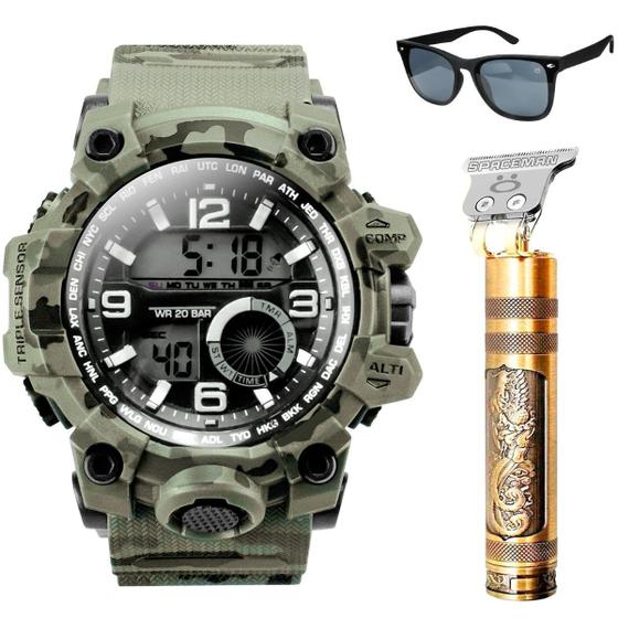 Imagem de Relógio Masculino Prova D'Áagua Verde Camuflado + Maquina Cortar Cabelo Presente Eesportivo Qualidade Premium