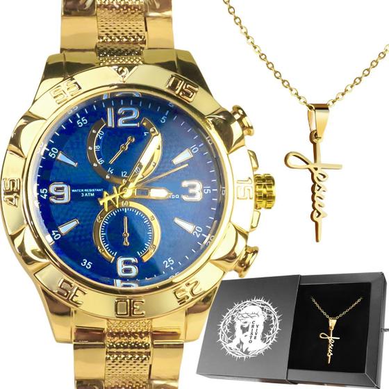 Imagem de Relogio Masculino Prova D'água Banhado Ouro 18k + Cordão Corrente Jesus + Caixa Original Presente Religioso