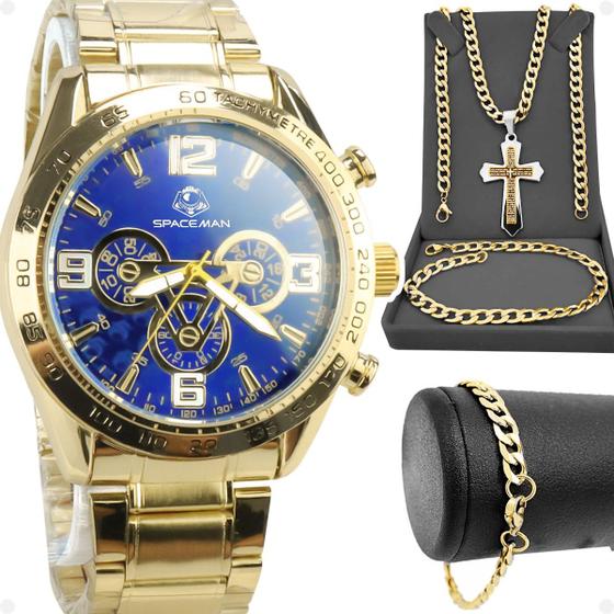 Imagem de relogio masculino prova dagua dourado + cordão + pulseira grande original presente aço inoxidável