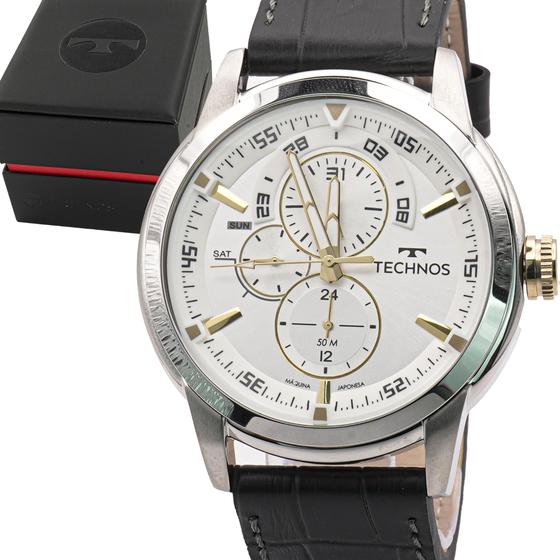Imagem de Relogio Masculino Technos Analogico Aço Inoxidavel Prata Cronografo Pulseira Couro Original Resistente a Agua 1 Ano de Garantia RT6P57AF0K