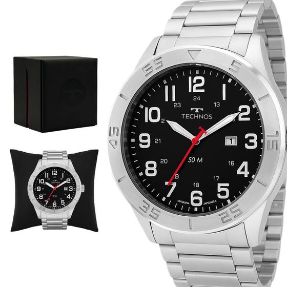 Imagem de Relogio Masculino Technos Analogico Aço Inoxidavel Prata Mostrador Preto Performance Militar Original Resistente a Agua 1 Ano de Garantia 2115NAO1P