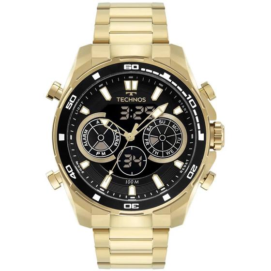 Imagem de Relógio Masculino Technos Caixa e Pulseira de Aço Inoxidável Analógico Digital Dourado Com Fundo Preto BJ3530AA/1P