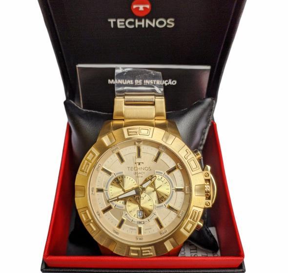 Imagem de Relógio masculino technos gigante analógico dourado inox 10atm a prova dágua legacy grande