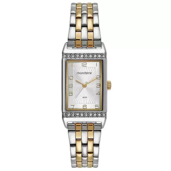 Imagem de Relogio Mondaine Feminino 32495LPMVBE3 quadrado dourado e prata bicolor pequeno