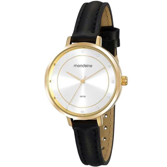 Imagem de Relógio MONDAINE feminino dourado couro preto 32175LPMVDH2