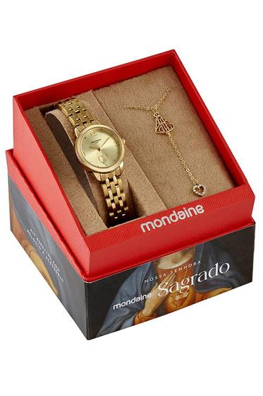 Imagem de Relogio Mondaine Feminino dourado Nossa Senhora Aparecida luxo cravejado com pedrinhas coração kit semi joia 99749LPMKDE1K1