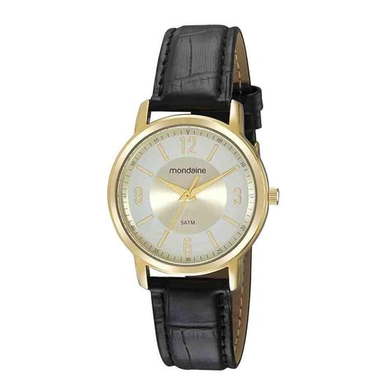 Imagem de Relogio Mondaine Feminino dourado preto social pulseira de couro 99553LPMVDH1