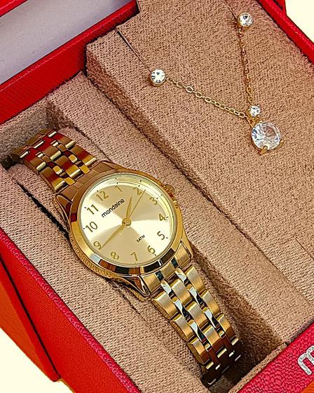 Relógio Mondaine Feminino Original Dourado À Prova DÁgua com NF + Kit Colar 608D 99913LPMKDE1K1