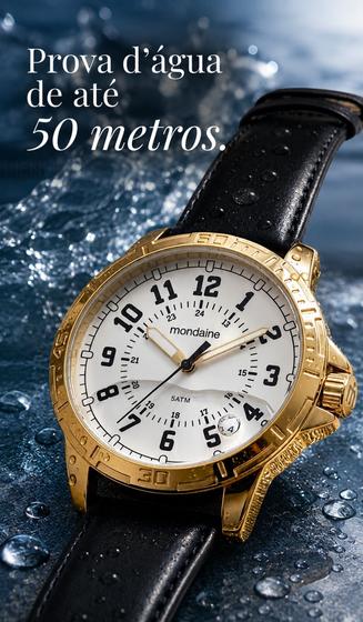 Relógio Mondaine Masculino De Pulso Analógico Dourado Casual Pulseira Couro Preta Prova Dágua 50m Original