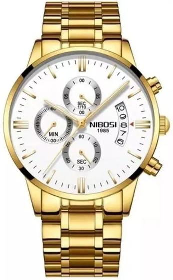 Imagem de Relógio Nibosi 2309 Dourado Visor Branco Em Aço Inoxidável Cronógrafo Funcional e Estojo Original