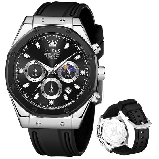 Imagem de Relógio OLEVS Black Moon Phase impermeável para homens, estojo de 44 mm