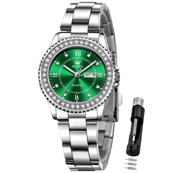 Imagem de Relógio OLEVS Green Women Luxury Fashion Quartz em Aço Inoxidável