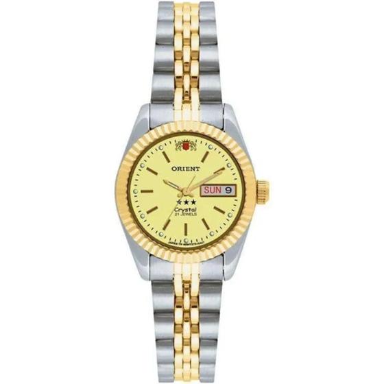 Imagem de Relogio Orient Feminino Automatico 3 estrelas pequeno mini dourado prata aço inox bicolor misto calendario 559EB3NH C1SK