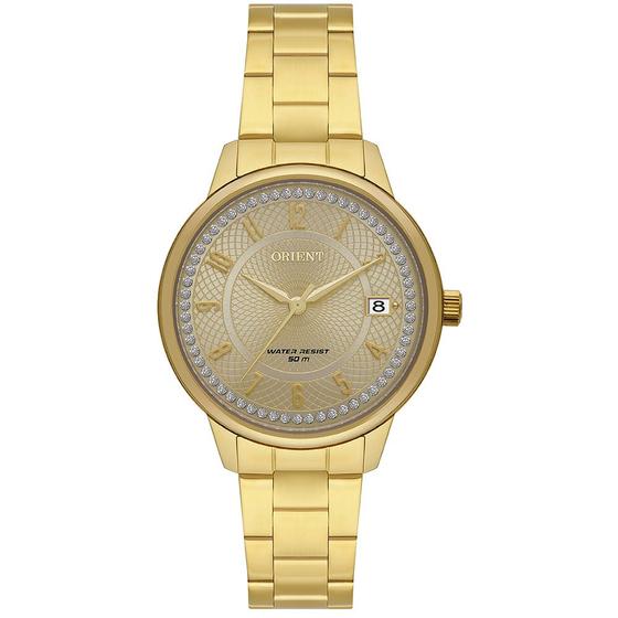 Imagem de Relogio Orient feminino dourado cravejado com strass com calendario prova dagua aço inox FGSS1251 C2KX