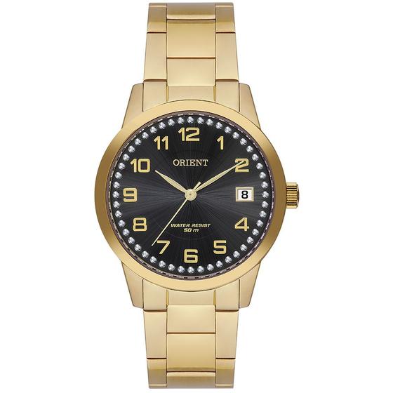 Imagem de Relogio Orient feminino dourado mostrador preto banhado folheado cravejado com strass com numeros e calendário a prova dagua aço inox FGSS1237 P2KX