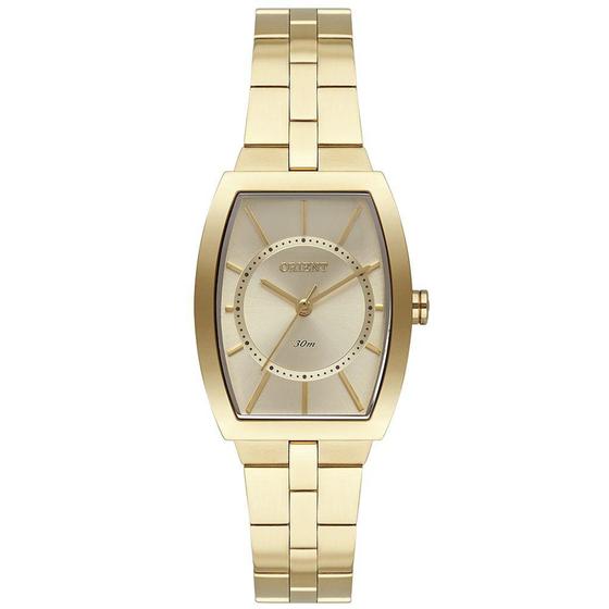 Imagem de Relogio Orient feminino dourado quadrado classico retangular aço inox LGSS0059 C1KX