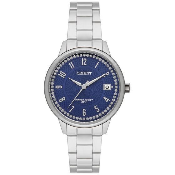 Imagem de Relogio Orient feminino prata azul com numeros calendario aço inox FBSS1199 D2SX