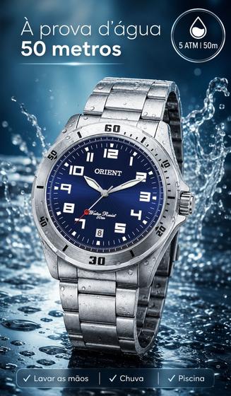 Relógio Orient Masculino Analógico Esportivo Clássico De Pulso Em Aço Inoxidável Com Mostrador Azul Calendário e Efeito Fosforescente Original