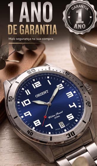 Relógio Orient Masculino Analógico Esportivo Clássico De Pulso Em Aço Inoxidável Com Mostrador Azul Calendário e Efeito Fosforescente Original