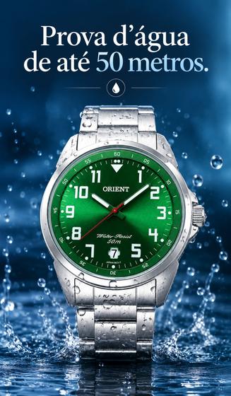 Relógio Orient Masculino Analógico Esportivo Clássico De Pulso Em Aço Inoxidável Fundo Verde Com Calendário A Prova DÁgua Em 50 Metros Original
