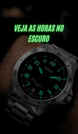Relógio Orient Masculino Analógico Esportivo De Pulso Prata em Aço Inoxidável A Prova Dágua 5ATM Com Efeito fosforescente Mostrador Preto Original