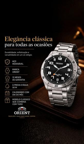 Relógio Orient Masculino Analógico Esportivo De Pulso Prata em Aço Inoxidável A Prova Dágua 5ATM Com Efeito fosforescente Mostrador Preto Original