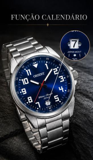 Relógio Orient Masculino Esportivo De Pulso Prata Em Aço Inoxidável Mostrador Azul Com Efeito Fosforescente A Prova Dágua em 50 metros Original