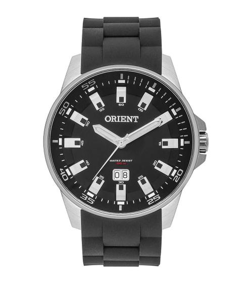 Imagem de Relogio Orient Masculino prata mostrador preto pulseira de borracha silicone a prova dágua com calendario MBSP1031 P1PX