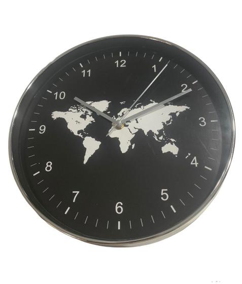 Imagem de Relógio Parede Sala Escritório Cromado Mapa Continente Prto