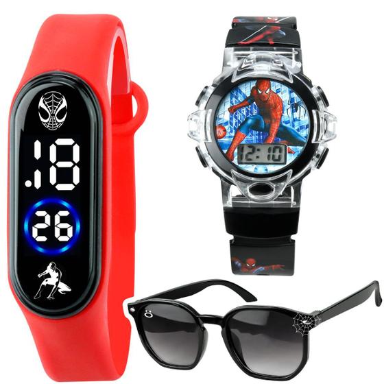 Imagem de relogio preto digital homemaranha + sol oculos uv protecao resistente qualidade premium vermelho