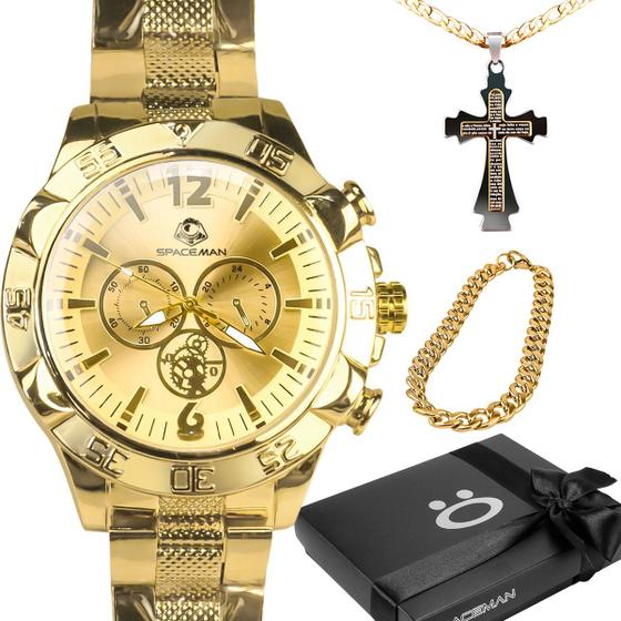 Imagem de relogio prova dagua dorado + cordao cruz + pulseira + caixa pesado qualidade premium presente robusto casual original