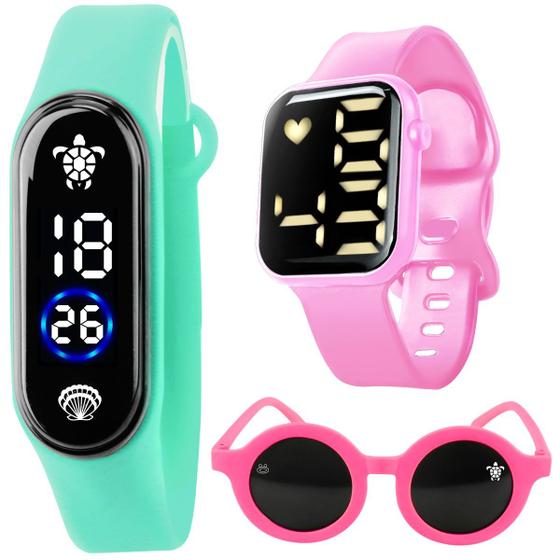 Imagem de relógio prova dagua infantil digital + bracelete + oculos menina fundo mar presente criança qualidade premium verde rosa